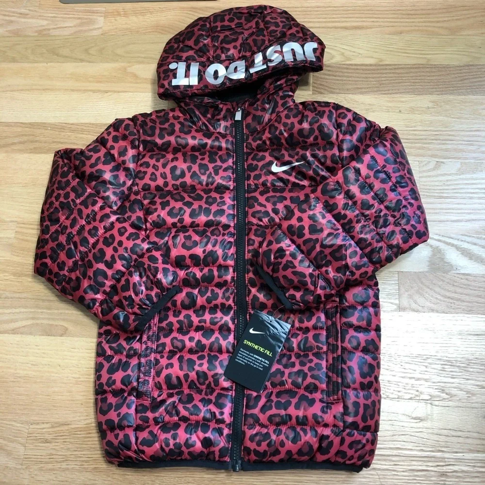 Nike Leopard Puffer Jacket NWT Sz 6 Pink Red Black Kids Girls Hooded Full Zip
